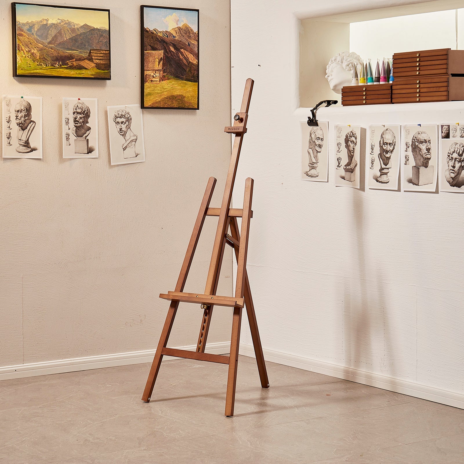 MEEDEN Solid Adjustable A-Frame Painting Beechwood Art Easel-Walnut-W01D