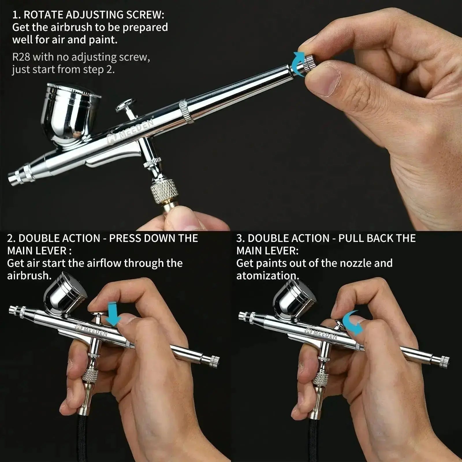 MEEDEN 3 Pcs Airbrush Set, 0.25, 0.35, 0.5mm Needles Pre-Equipped - MEEDEN ARTAirbrush Tool