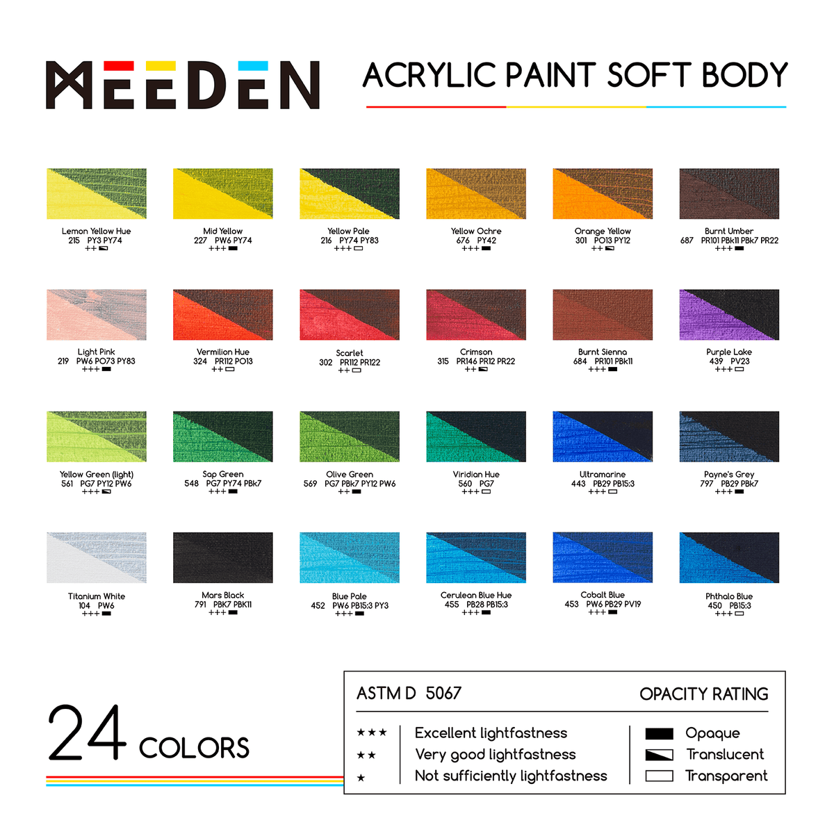 MEEDEN Soft Body Acrylic Paints Set, 24 Colors x 60ml/2oz