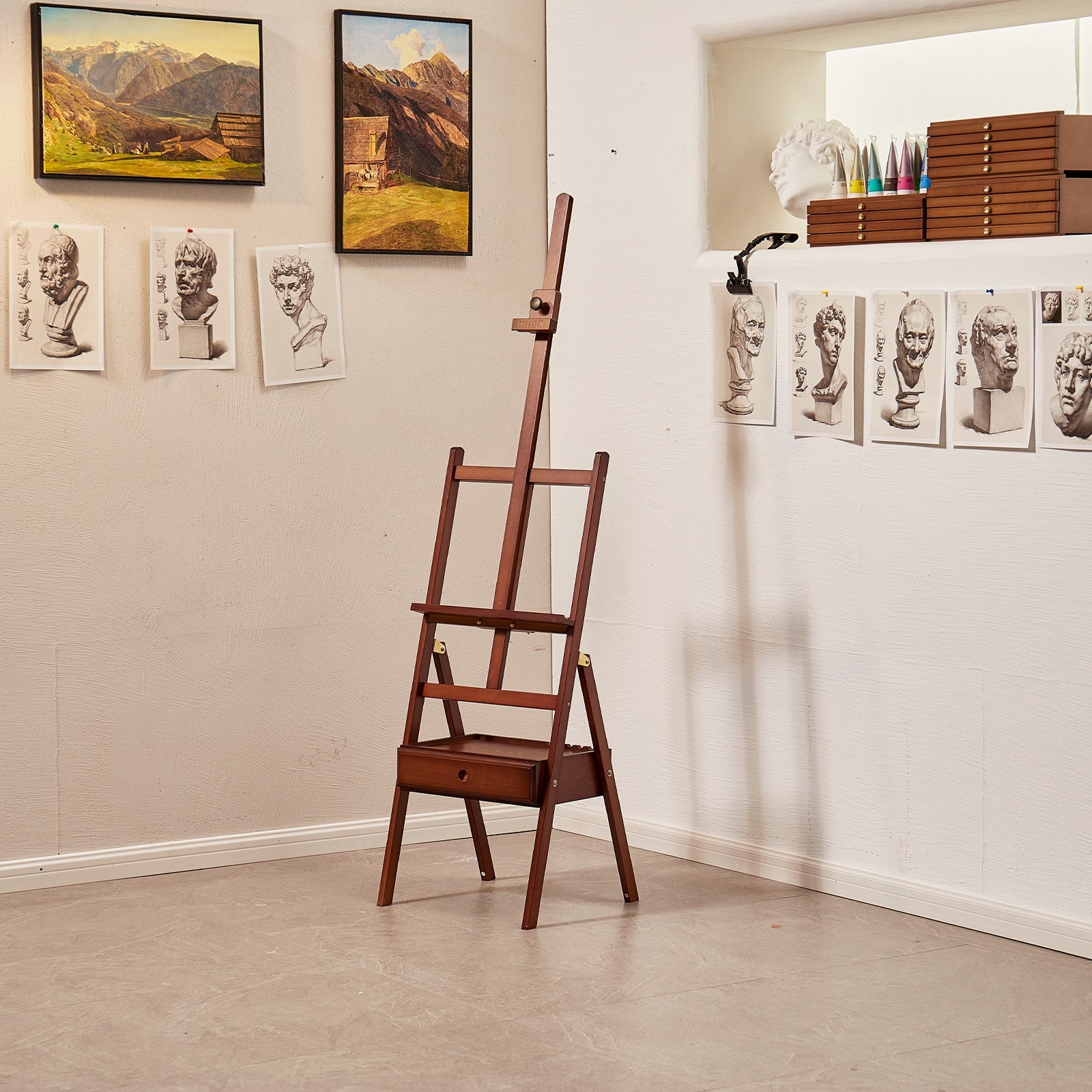 MEEDEN Studio Cavalletto da Pavimento a Cornice H con Cassetto di Archiviazione-Noce Scuro-HJ-1A