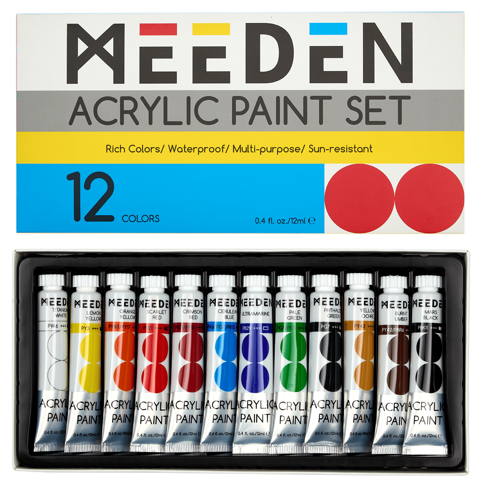 MEEDEN Akrylfarvesæt, 12 rør, 12 ml/0,41 oz