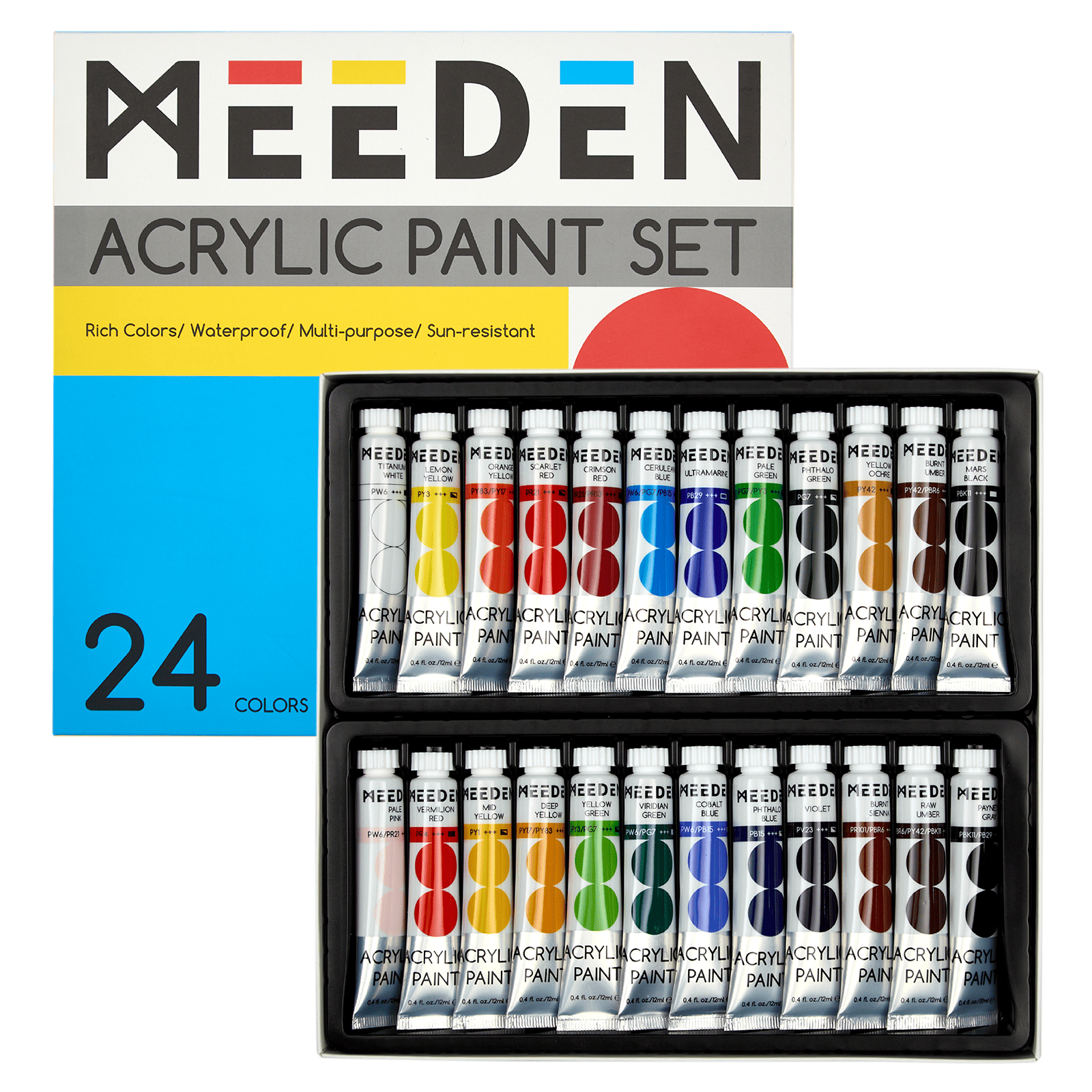 MEEDEN Akrylfarvesæt, 24 rør, 12 ml/0,41 oz
