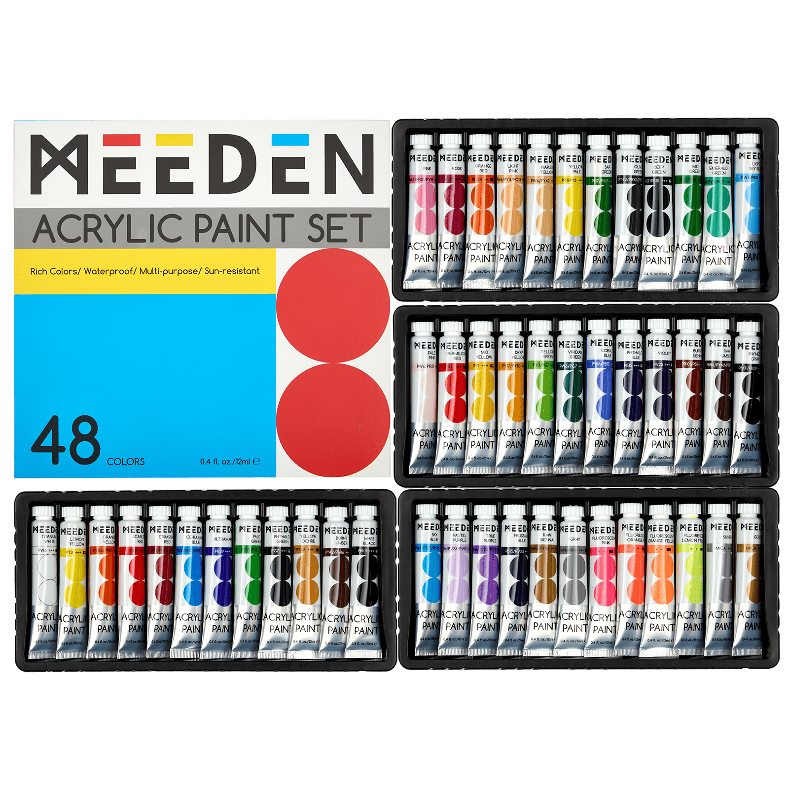 MEEDEN Acrylic Paint Set, 48 Tubes, 12 ml / 0.41 oz