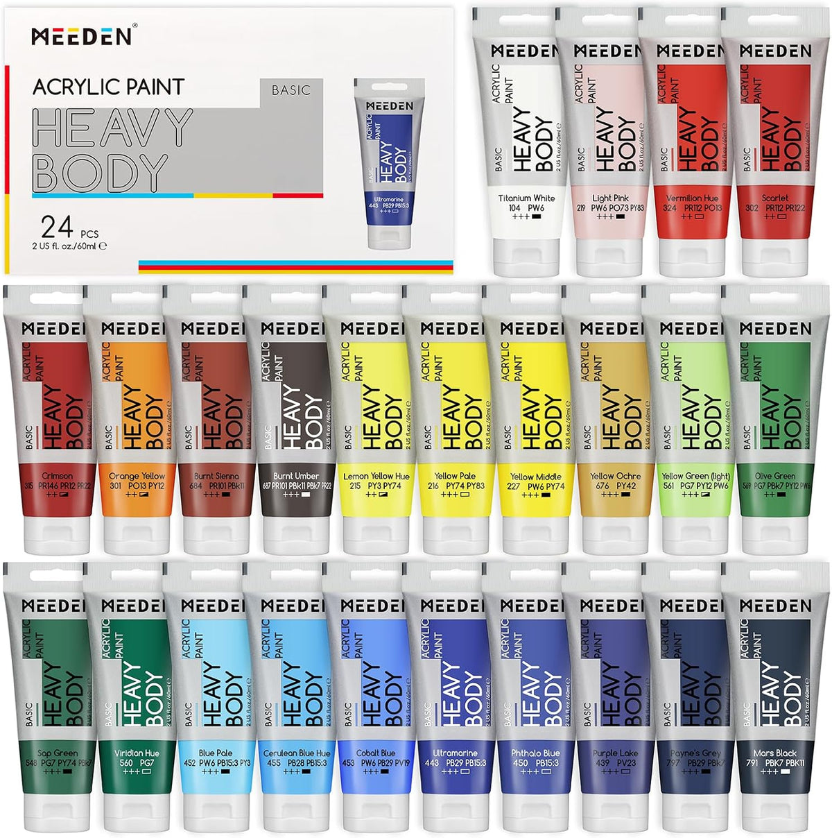 MEEDEN Heavy Body Acrylic Paint 24 Basic Colors, 60ml