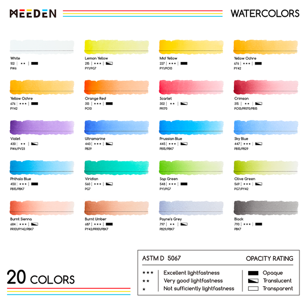 MEEDEN Professional Artist Watercolor Paint 20 Colors, 15ml