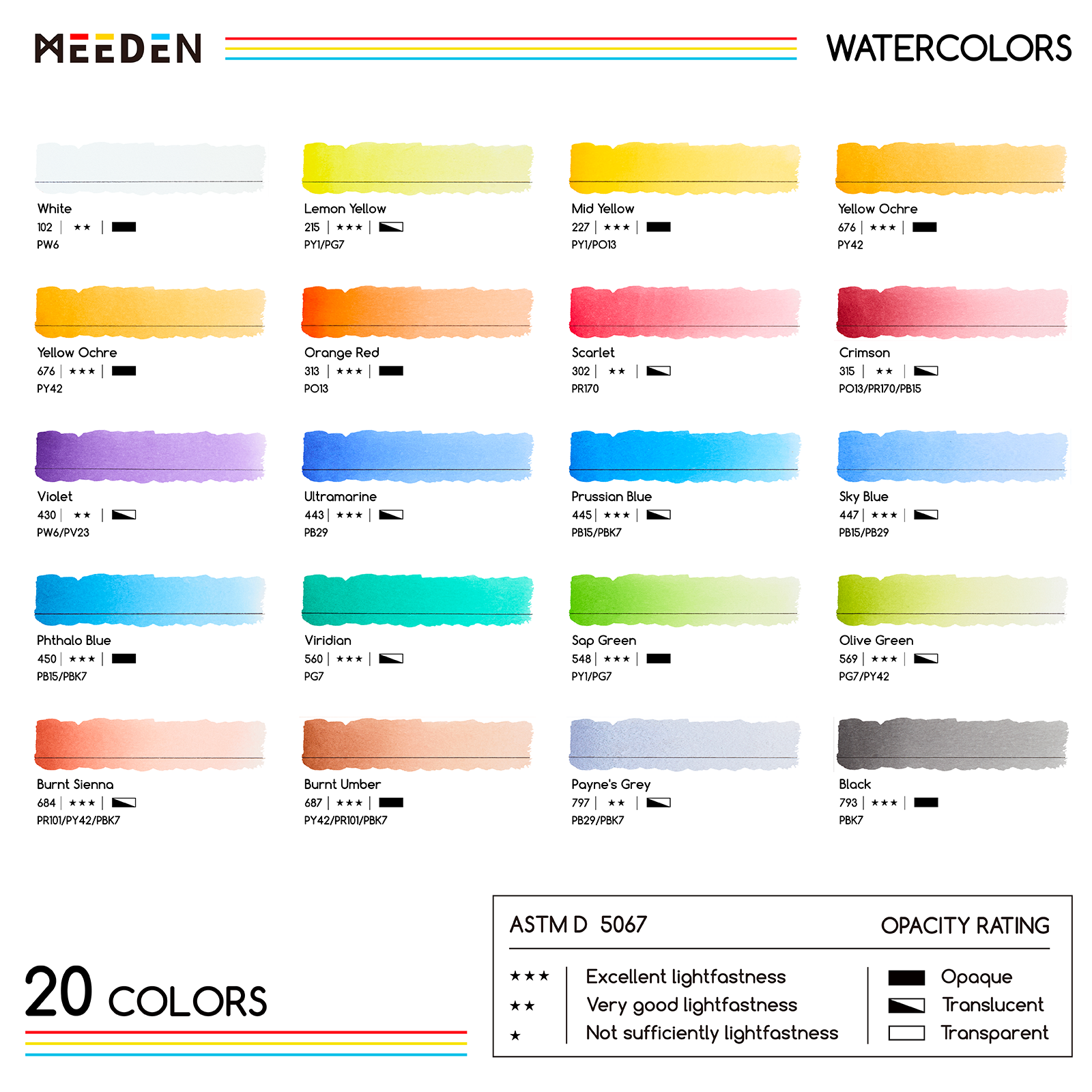 MEEDEN Professional Artist Watercolor Paint 20 Colors, 15ml