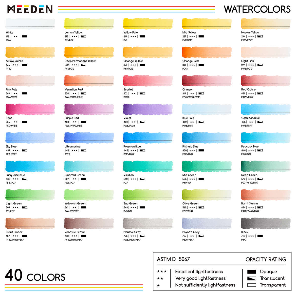 MEEDEN Artist Watercolour Paint 40 Colors, 15ml