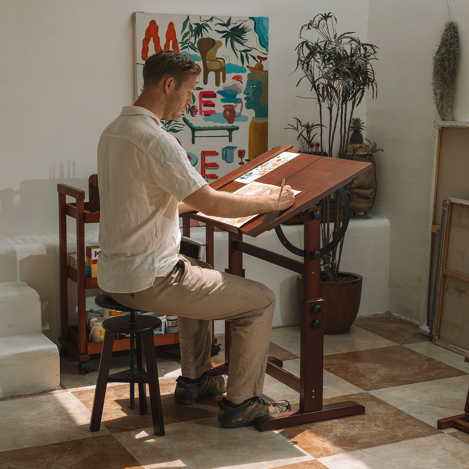 MEEDEN Vintage Adjustable Wooden Drafting Table & Stool Set, Dark Walnut-XSZ-4