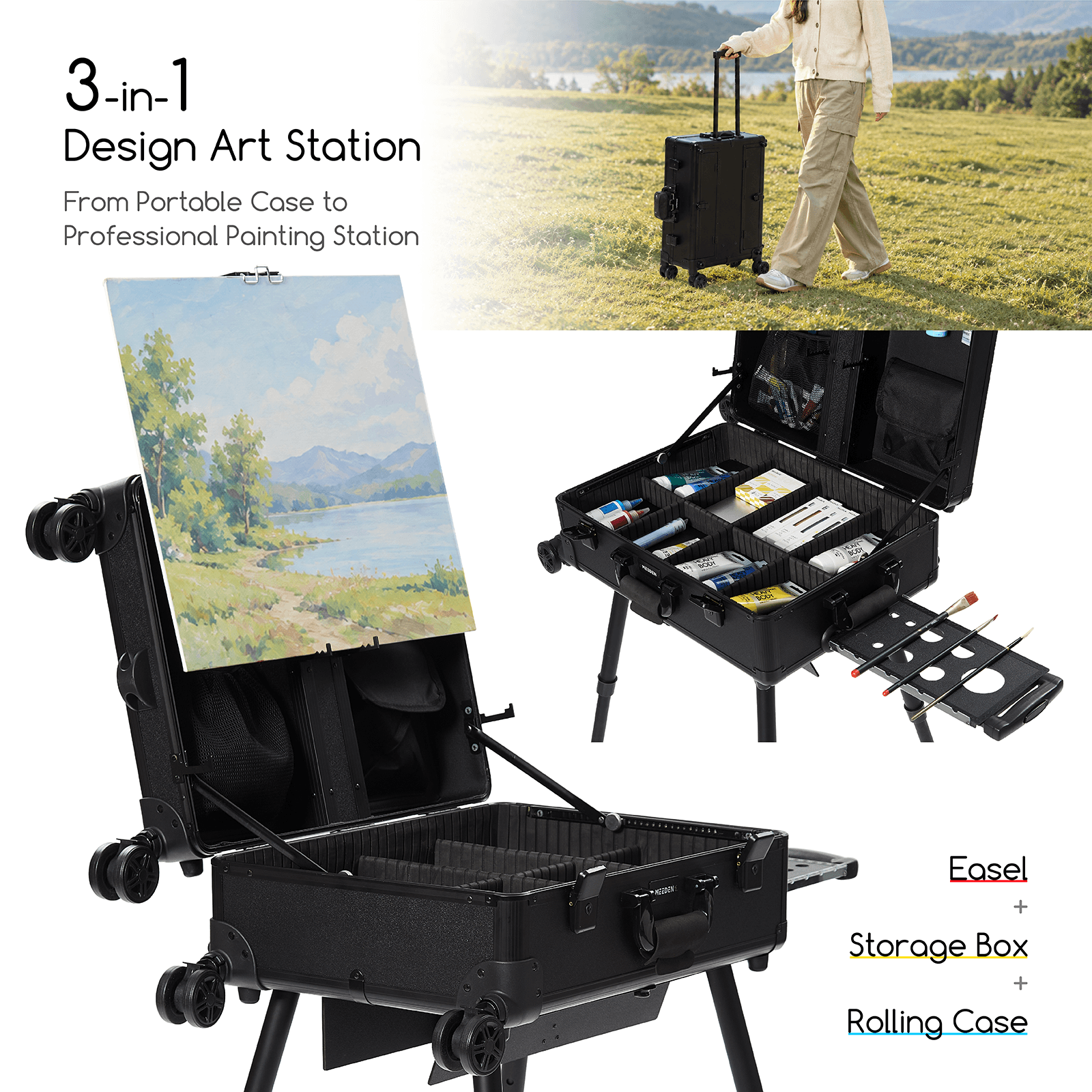 MEEDEN 3-in-1 Portable Plein Air Easel Box with Wheels