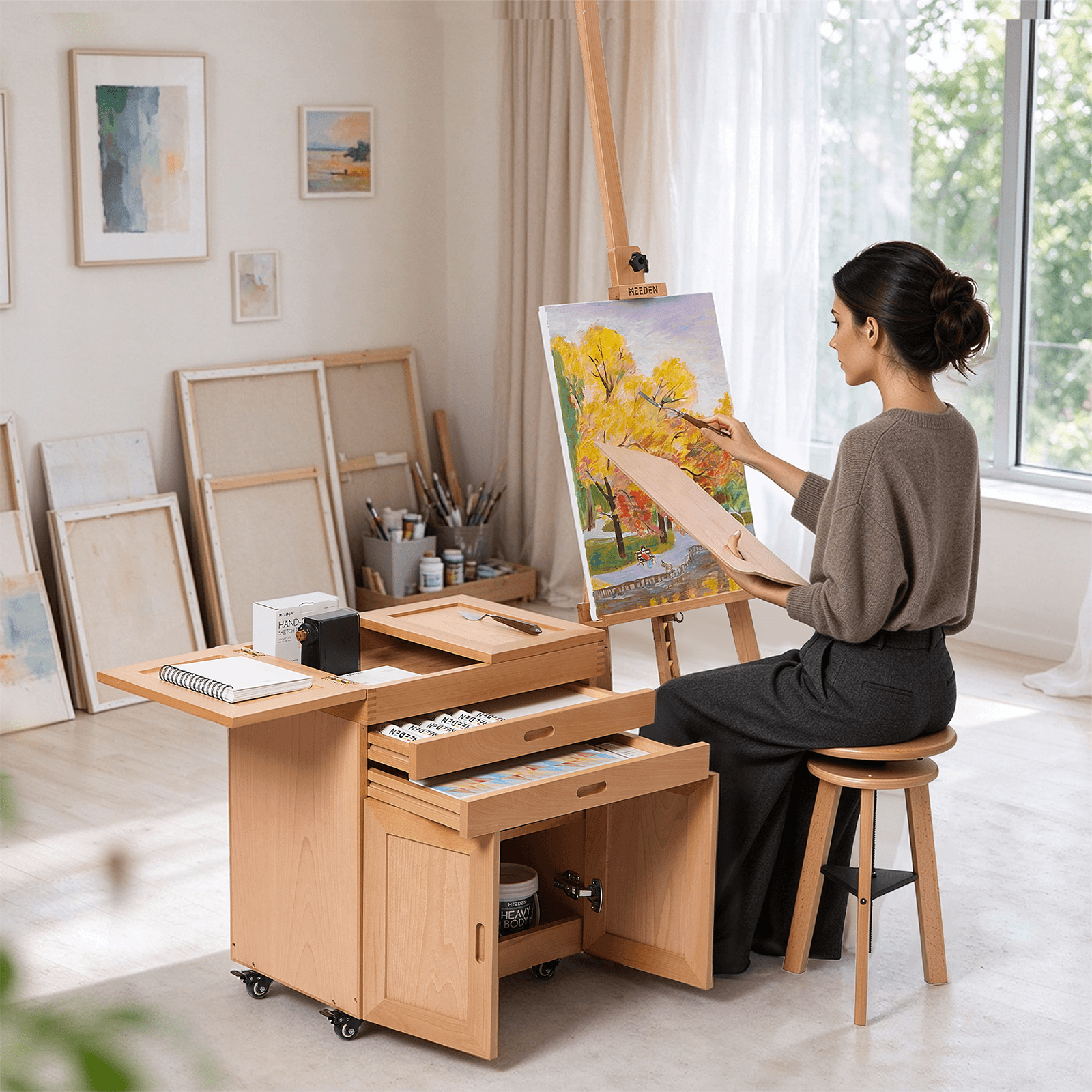 MEEDEN Solid Beech Wood Art Storage Cart with Drawers,Natural