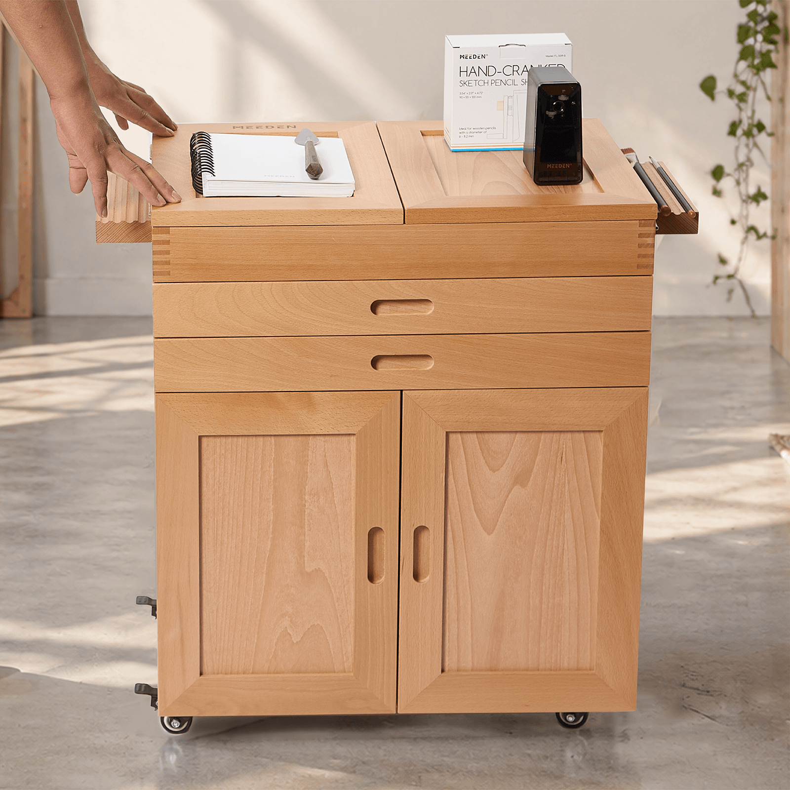MEEDEN Solid Beech Wood Art Storage Cart with Drawers,Natural