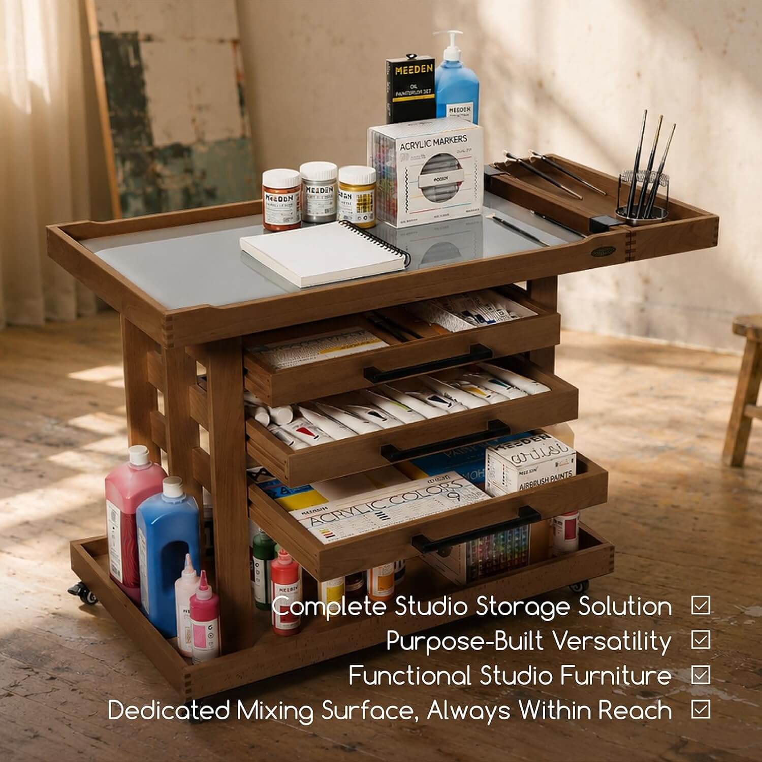 MEEDEN Extra Large Wooden Art Supply Storage Cart：Walnut