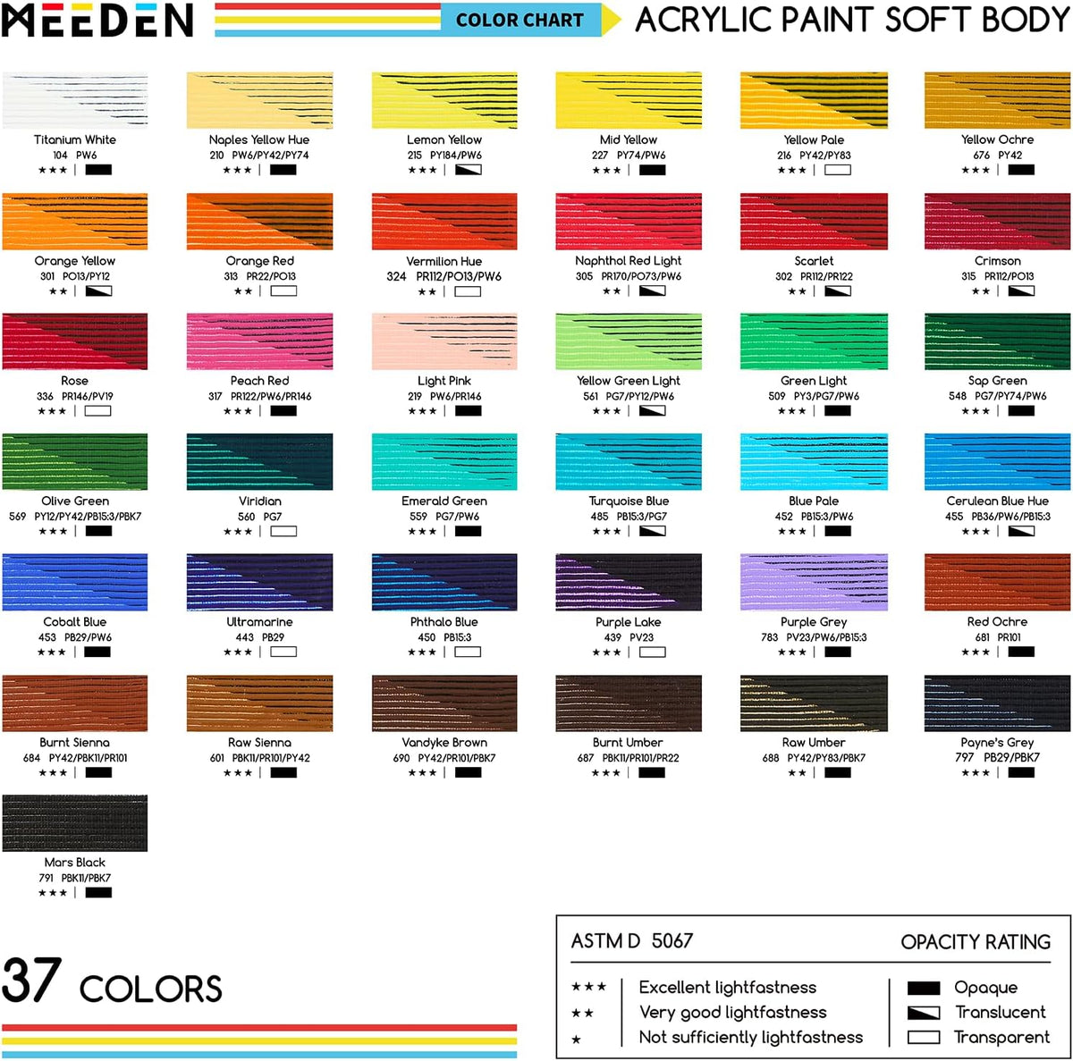 MEEDEN Soft Body Acrylic Paints Set, 37 Colors x 250ml/8.45oz