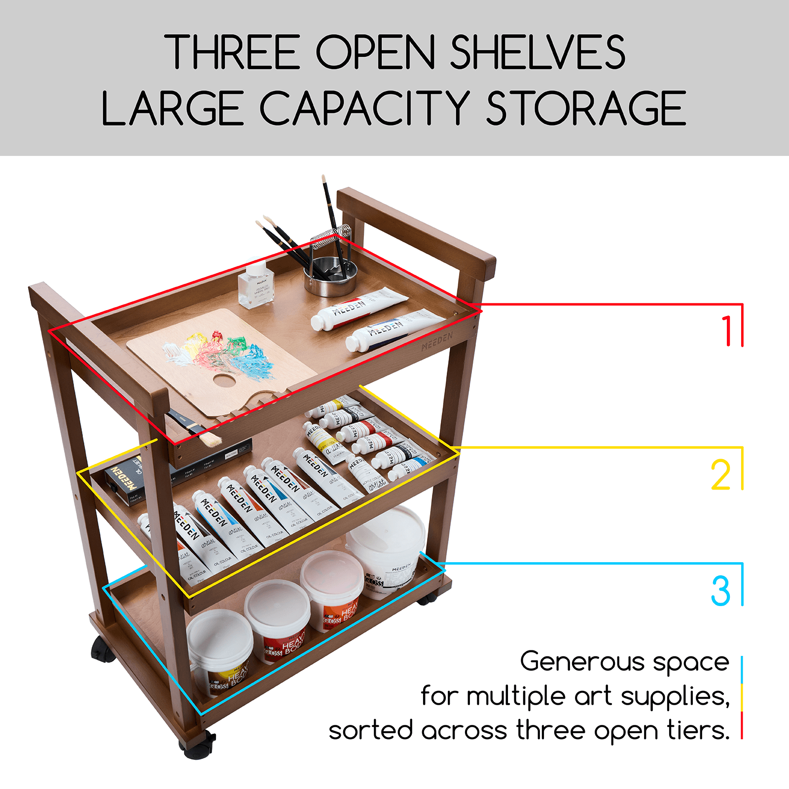 MEEDEN 3-Tier Storage Art Cart/Trolley,Walnut-W13