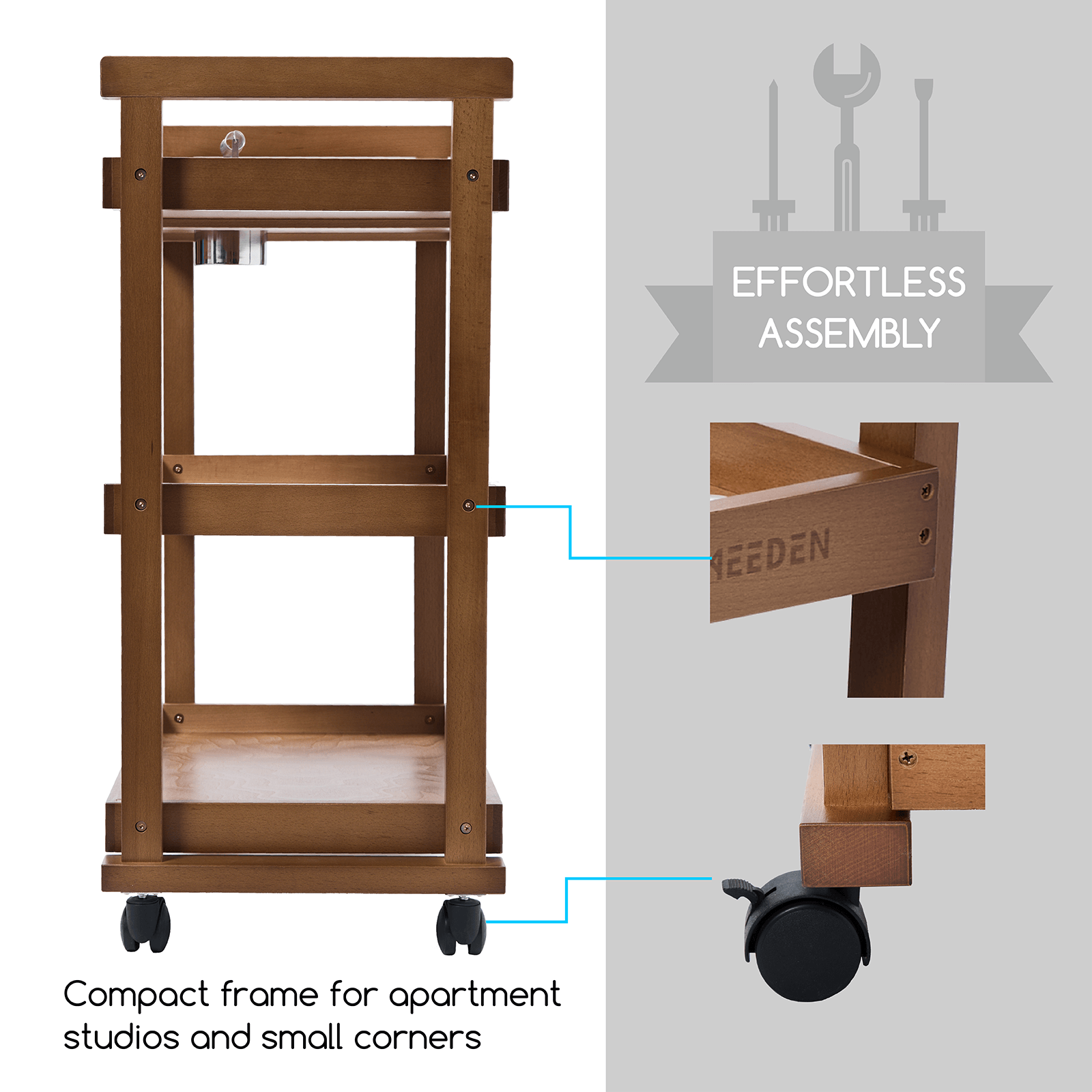 MEEDEN 3-Tier Storage Art Cart/Trolley,Walnut-W13