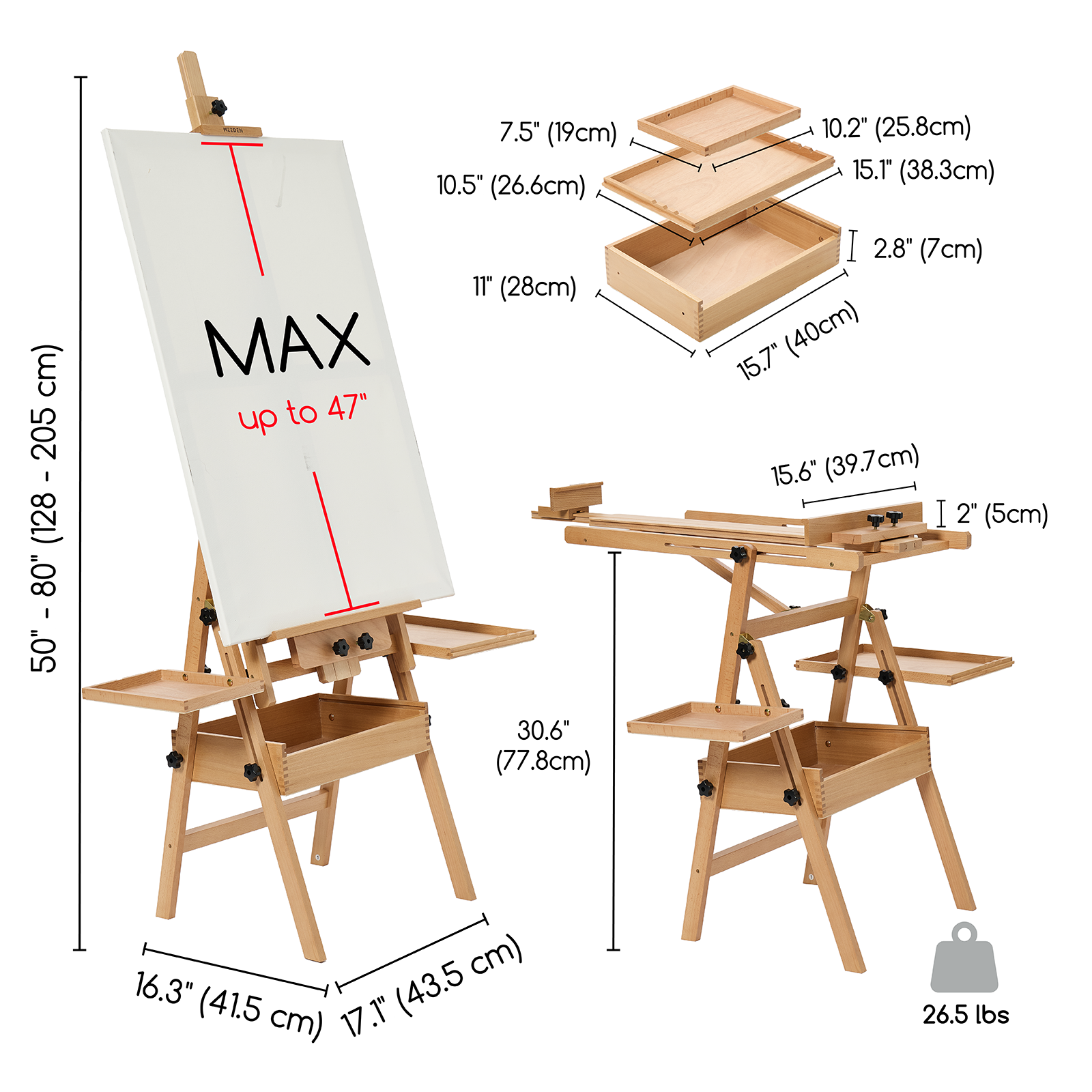 MEEDEN Large Natural Wood H-Frame Easel with Storage Drawer