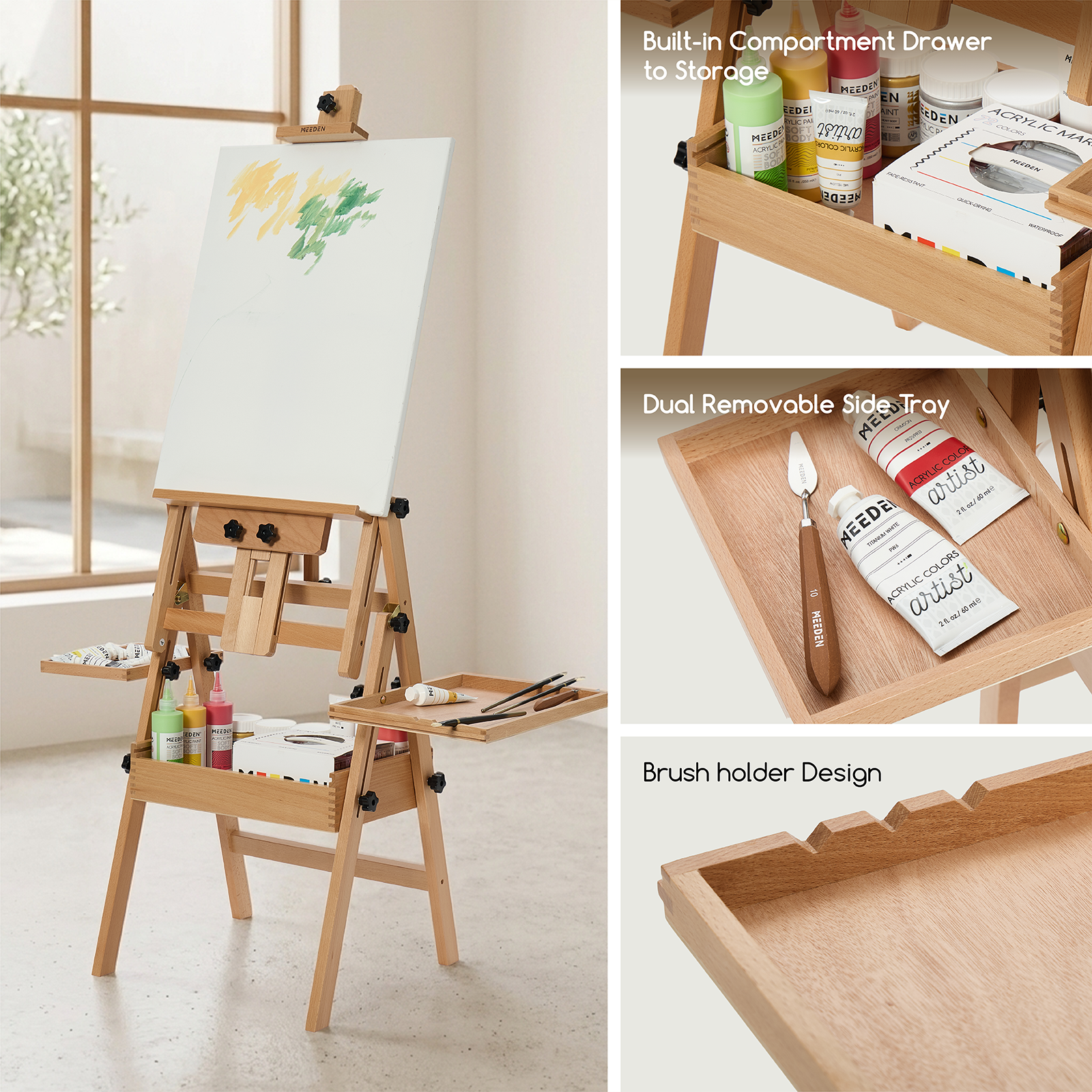 MEEDEN Large Natural Wood H-Frame Easel with Storage Drawer