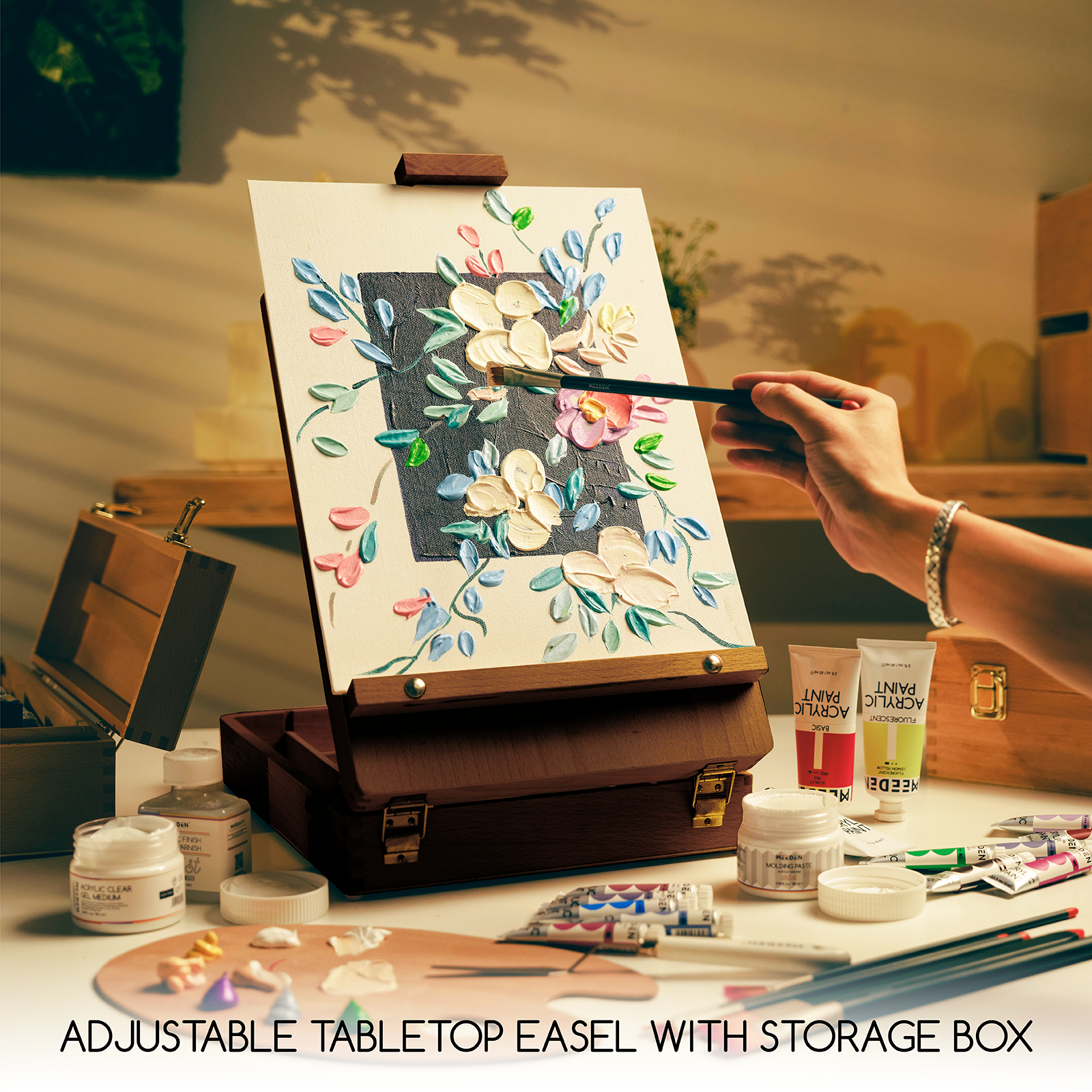 MEEDEN Tabletop Art Sketchbox Easel-Light Walnut-HBX-3