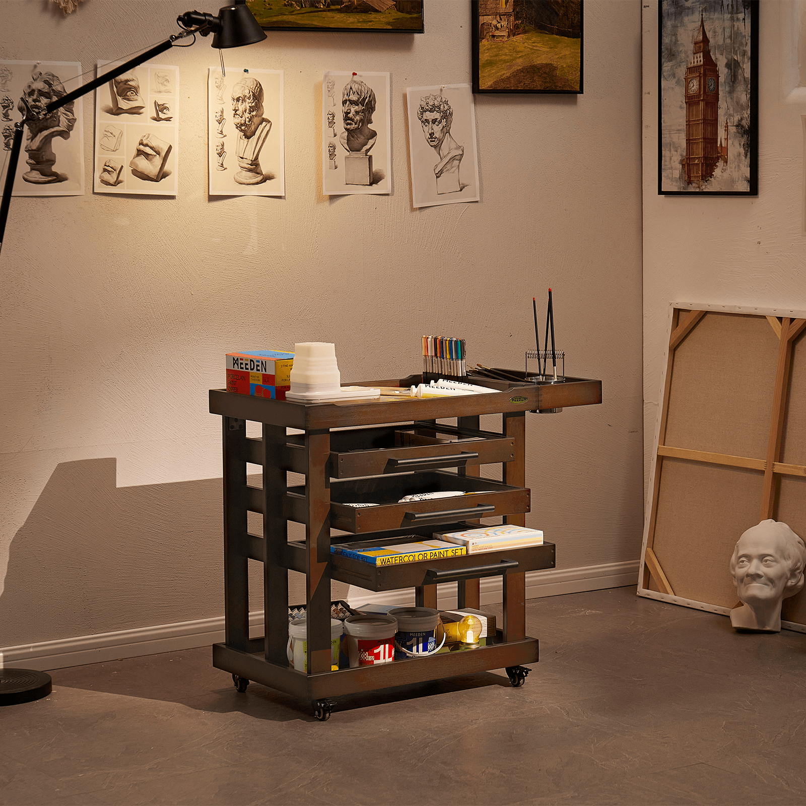MEEDEN Deluxe Artist Supplies Opbevaringsvogn, 5-Lags Taboret-Valnød-W13H